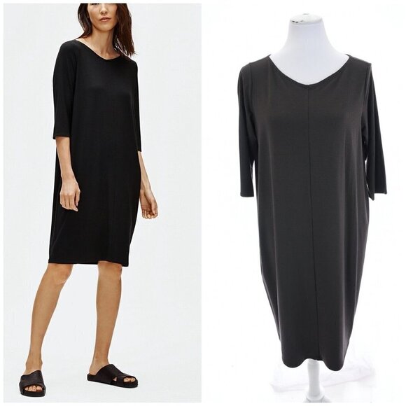 Eileen Fisher Sz S Gray Viscose Jersey V Neck Shift Tunic Dress Stretch Knit - Picture 1 of 8